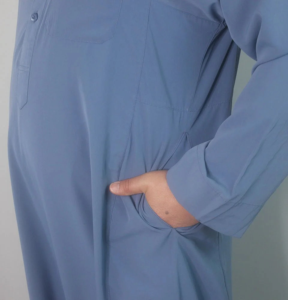 Men's Full Length Long Sleeve Islamic Thobe - Steel Blue