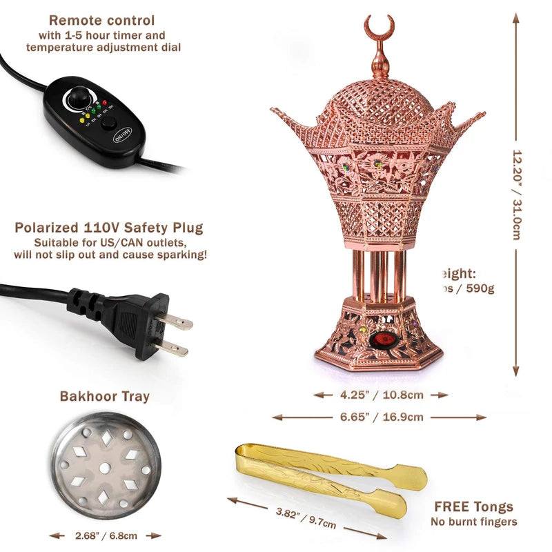 AM Regulator Electric Incense Burner - Oud Frankincense Resin Burner with Adjustable Timer - Hilal (Rose Gold)